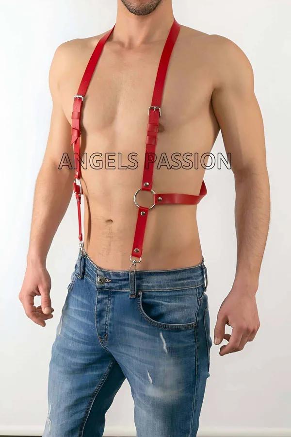 kırmızı suni deri erkek harness gümüş O-ring toka ve pantalon klipsi suspender aksesuar