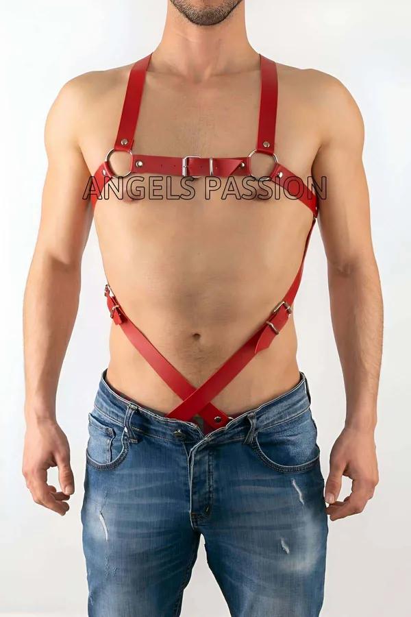 kırmızı suni deri erkek harness gümüş O-ring ve çapraz bel şeridi göğüs bandı