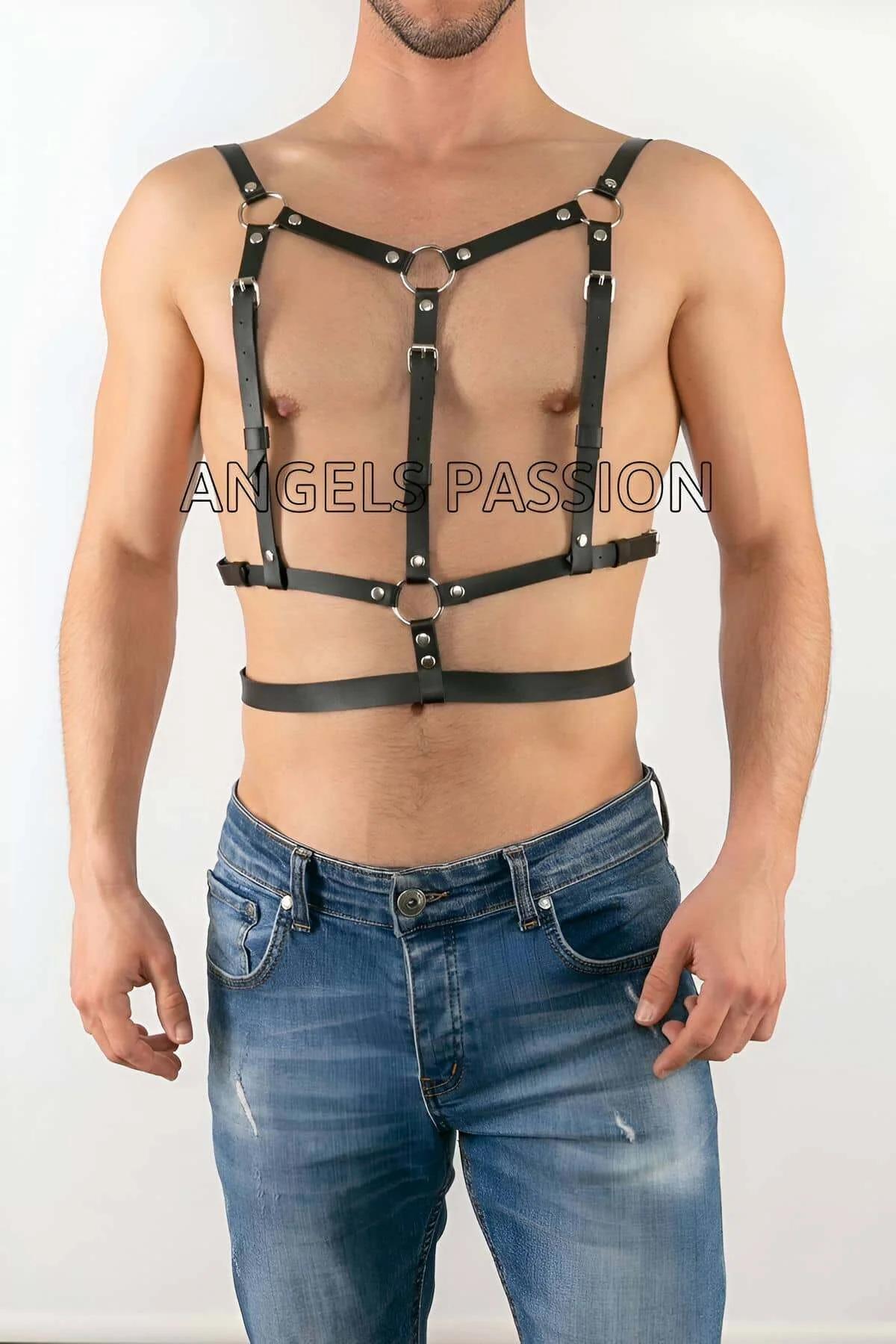 black faux leather body harness with dual silver O-rings and six snap studs worn over bare male torso