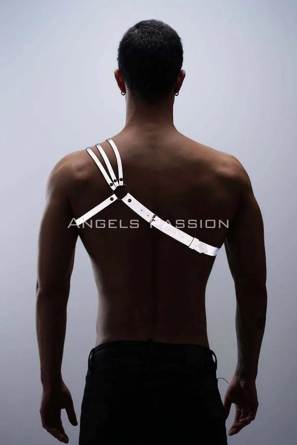 reflektörlü beyaz erkek göğüs harness tek omuz 3 paralel kayış metal O-halka