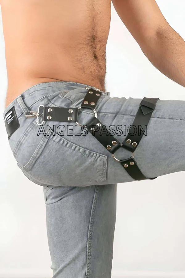 siyah vegan deri erkek bacak harness aksesuarı gümüş O-halka ve perçin pantolon üstü giyim