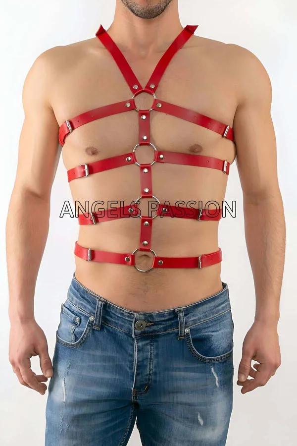 kırmızı suni deri erkek body harness gümüş O-halkalı çok bantlı göğüs aksesuar