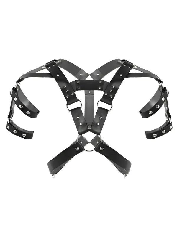 siyah suni deri erkek göğüs omuz harness gümüş O-ring metal toka ayarlanabilir