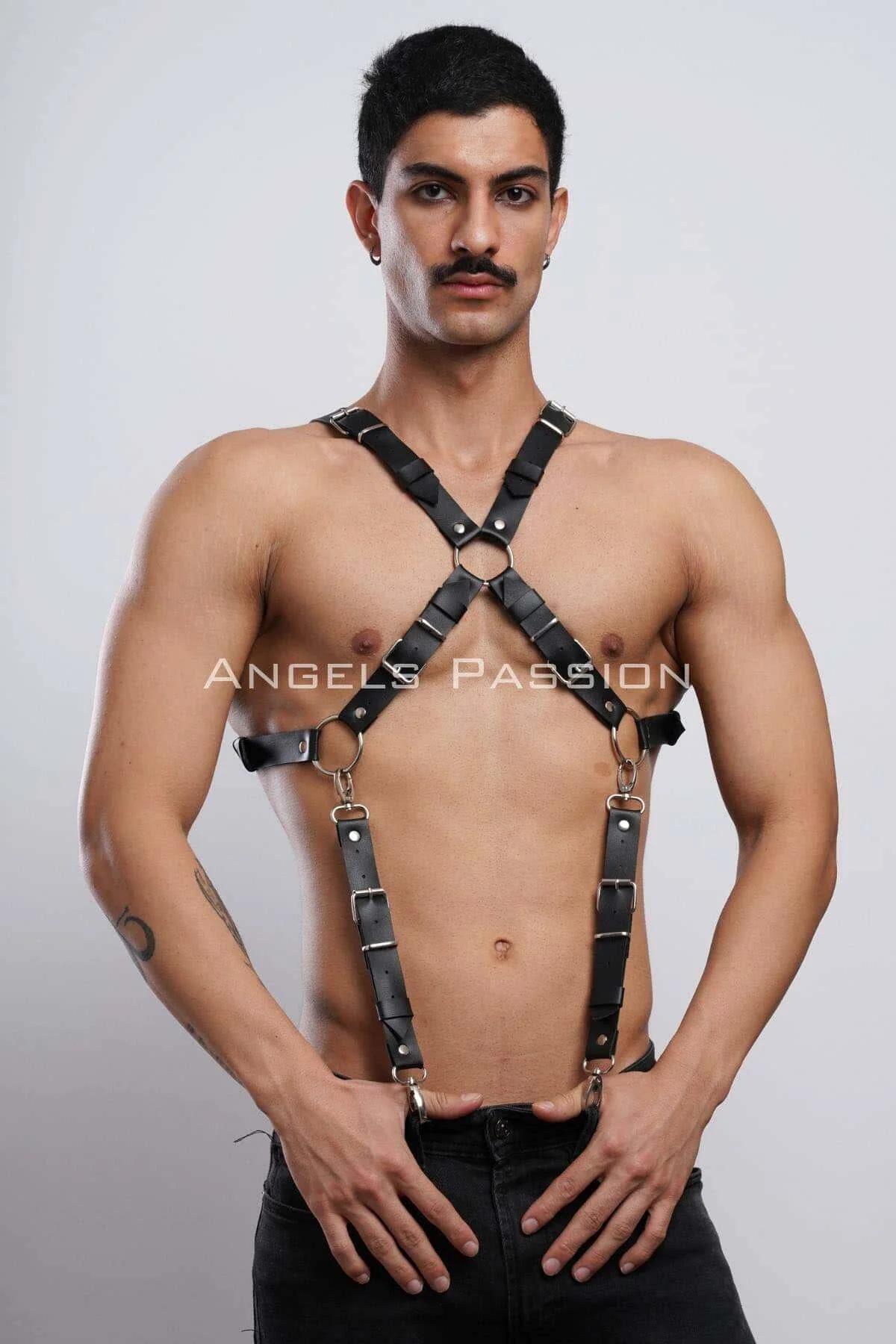 Siyah vegan deri erkek göğüs harness altın O-halkalı X çapraz kayış pantolon askısı ile