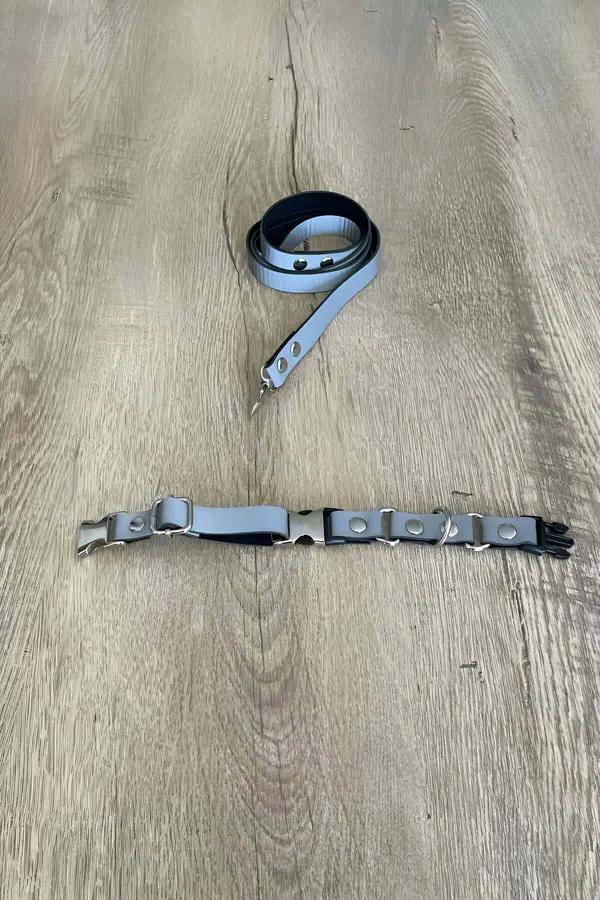 Gri vegan PU deri reflektörlü kedi harness ve gezdirme seti, gümüş snap toka detaylı segmentli panel