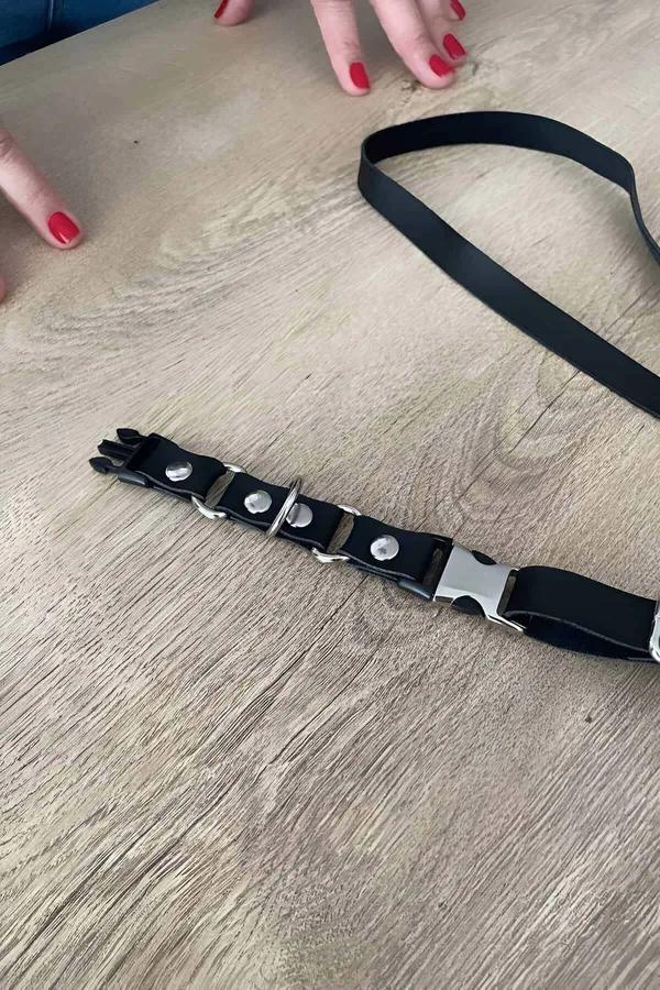 Siyah suni deri kedi boyun tasması ve gezdirme ipi seti, gümüş metal karabina ve D-halka detayı, ahşap yüzey üzerinde