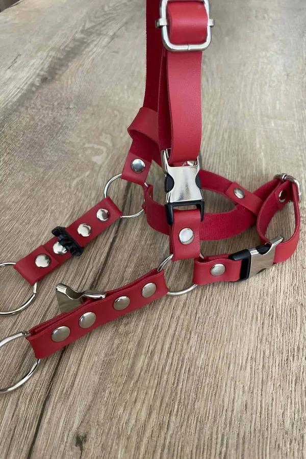 kırmızı suni deri kedi harness ve gezdirme ipi takımı, gümüş O-ring ve perçin detaylı H-tipi koşum