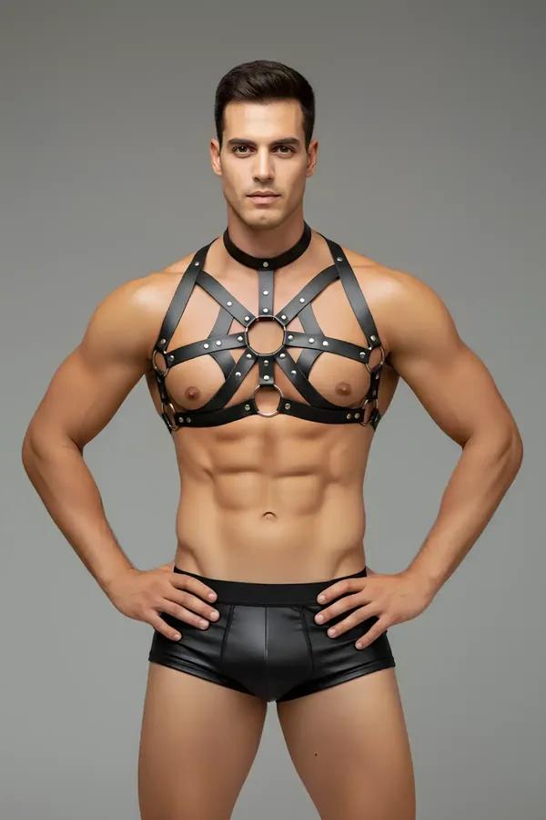siyah vegan deri örümcek desenli erkek chest harness çift O-ring ve gümüş perçin detayı