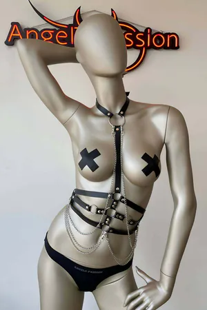Black Faux Leather Chest Harness with Silver O-Ring and Cascading Chains