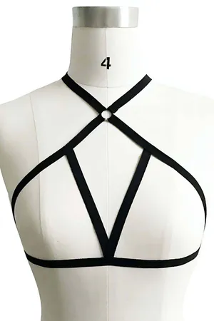 Black Strappy Chest Harness Lingerie with Choker and Silver O-Ring
