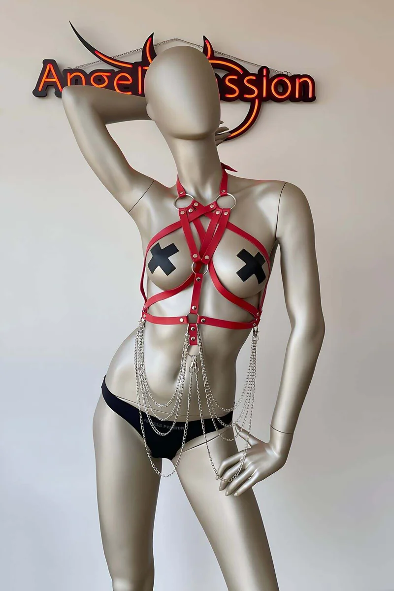 Red faux leather chest harness front view with