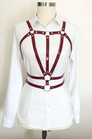 Red Patent Faux Leather Caged Chest Harness Women Adjustable Straps