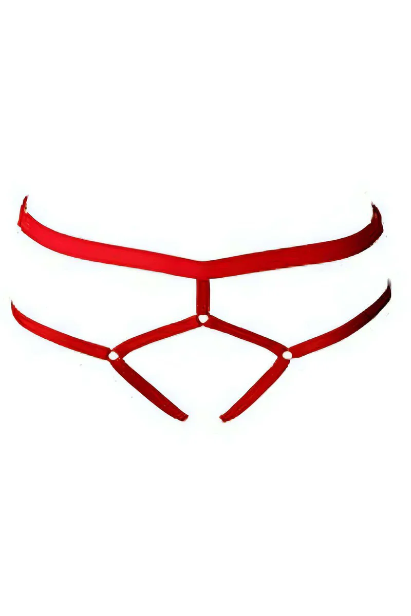 Red lingerie thong harness front view on pale wooden background