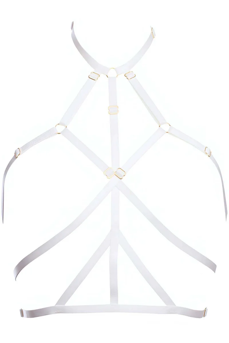 White harness with adjustable neck strap and chest band