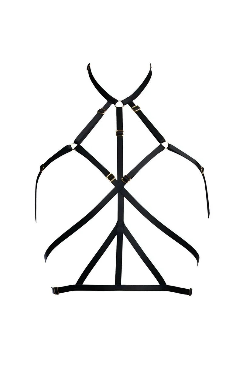 Strappy harness bra black gold ring details at neck and chest