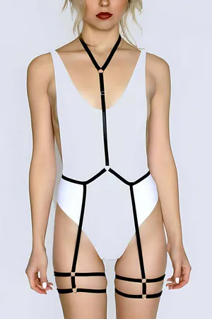 Black Full Body Harness with Thigh Straps and Silver O-Rings