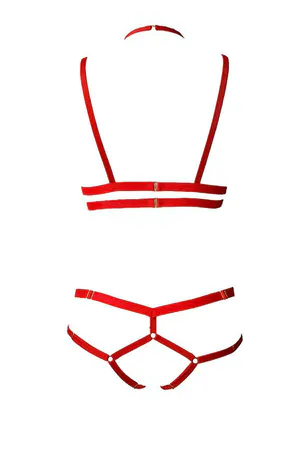Red Strappy Body Harness and Thong Lingerie Set Front View Adjustable