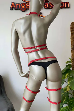 Red Faux Leather Strappy Chest Harness and Thigh Garter Set