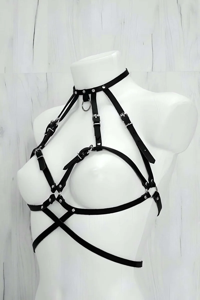 Full Body Harness Front View Black Faux Leather Cross-Back Design with Adjustable Straps and Detachable O-Ring Chain