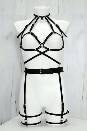 Black Vegan Leather Full Body Cage Harness with Thigh Straps