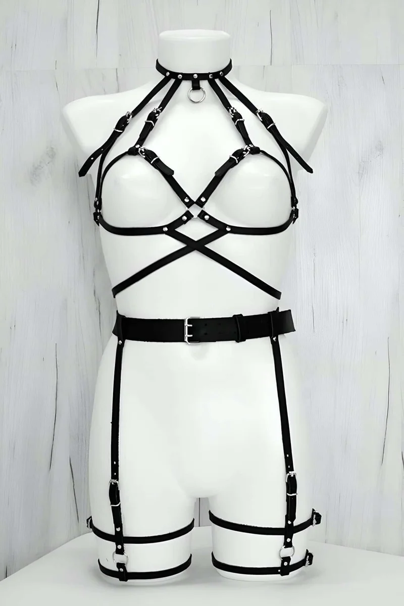 Body Harness Back View Adjustable Shoulder Straps Stainless Steel Rings Black Leather-Like Material Full Body Coverage