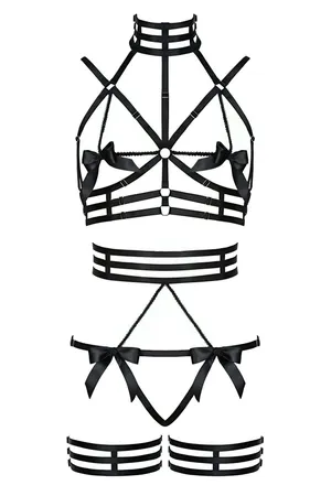 Black faux leather strappy open cup body harness with thigh straps and bows