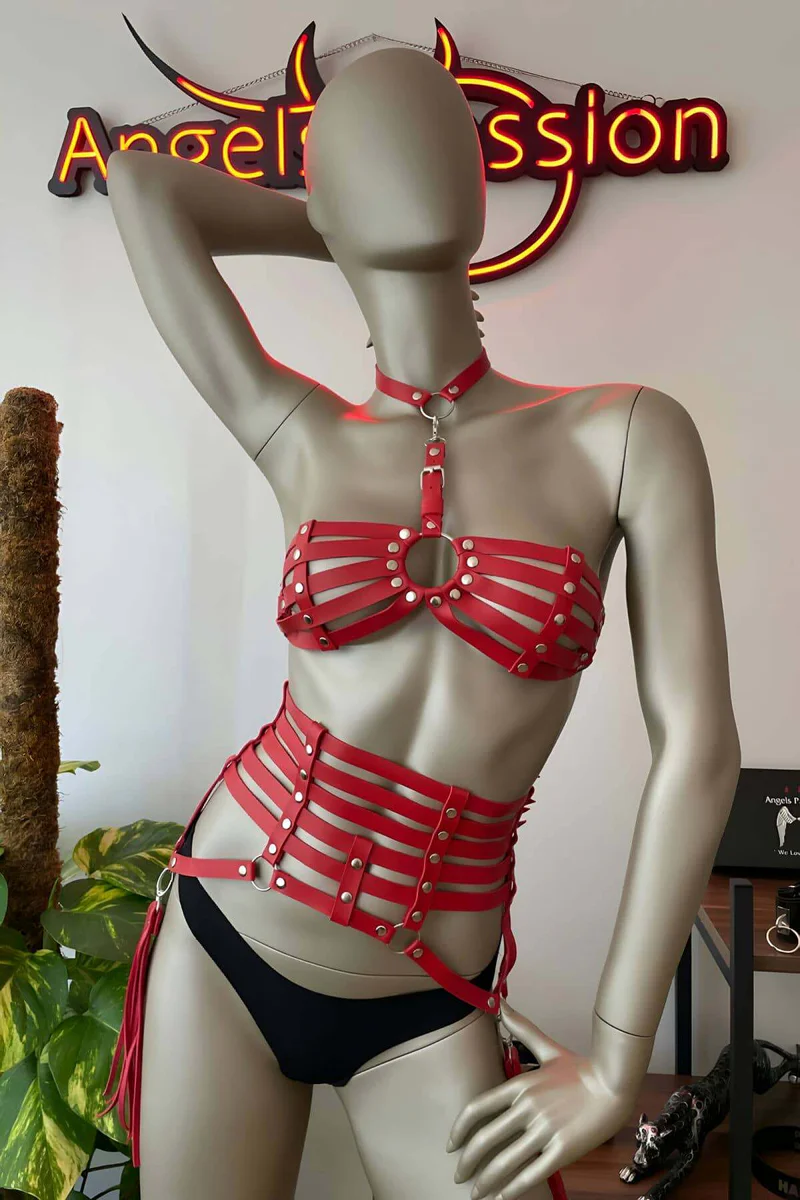 Red strappy lingerie set with tasseled garters and spiked choker
