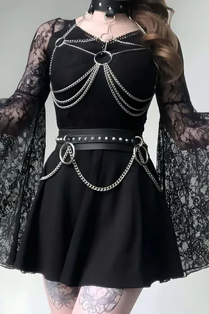 Black Faux Leather Chain Body Harness Set with Silver O-Rings & Studded Belt