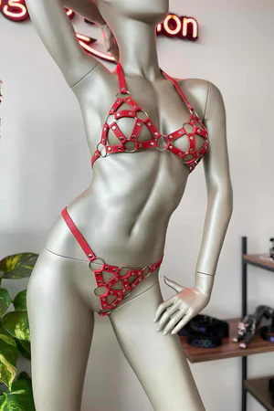 Red Faux Leather Caged Bra and Thong Harness Set on mannequin