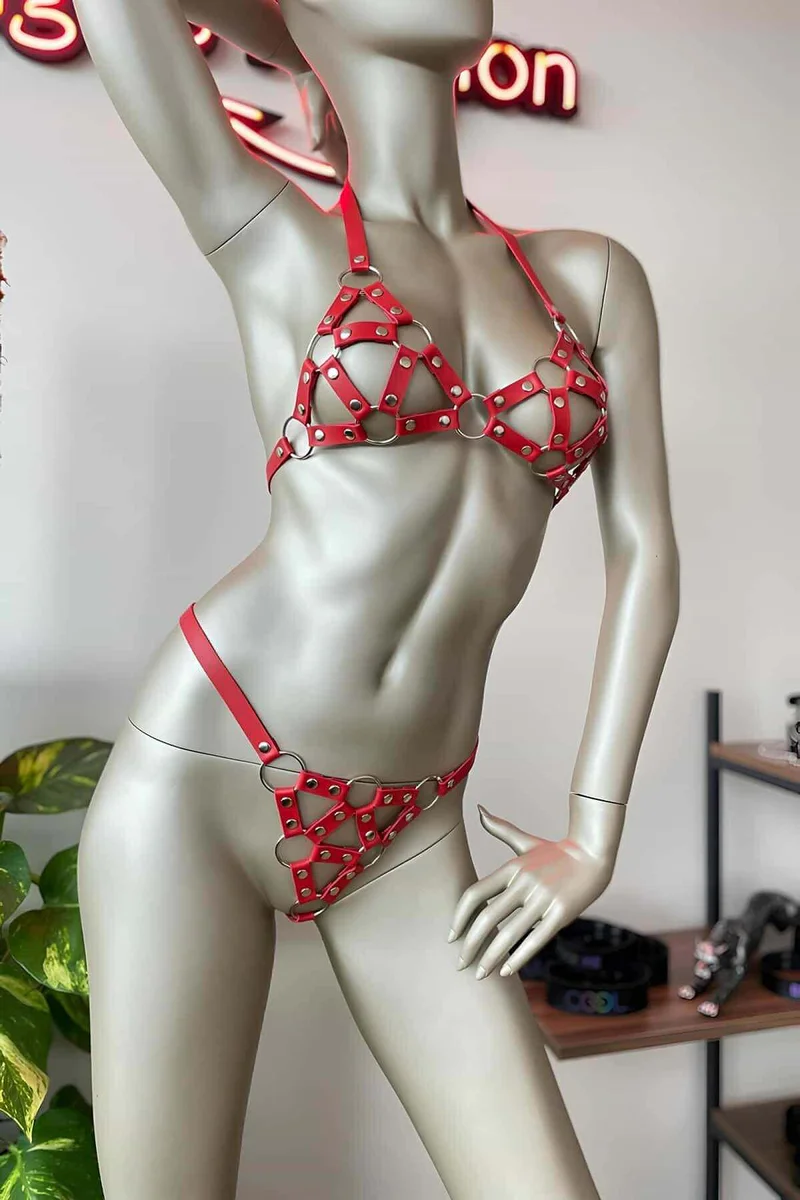 Red Faux Leather Caged Bra and Thong Harness Set on mannequin
