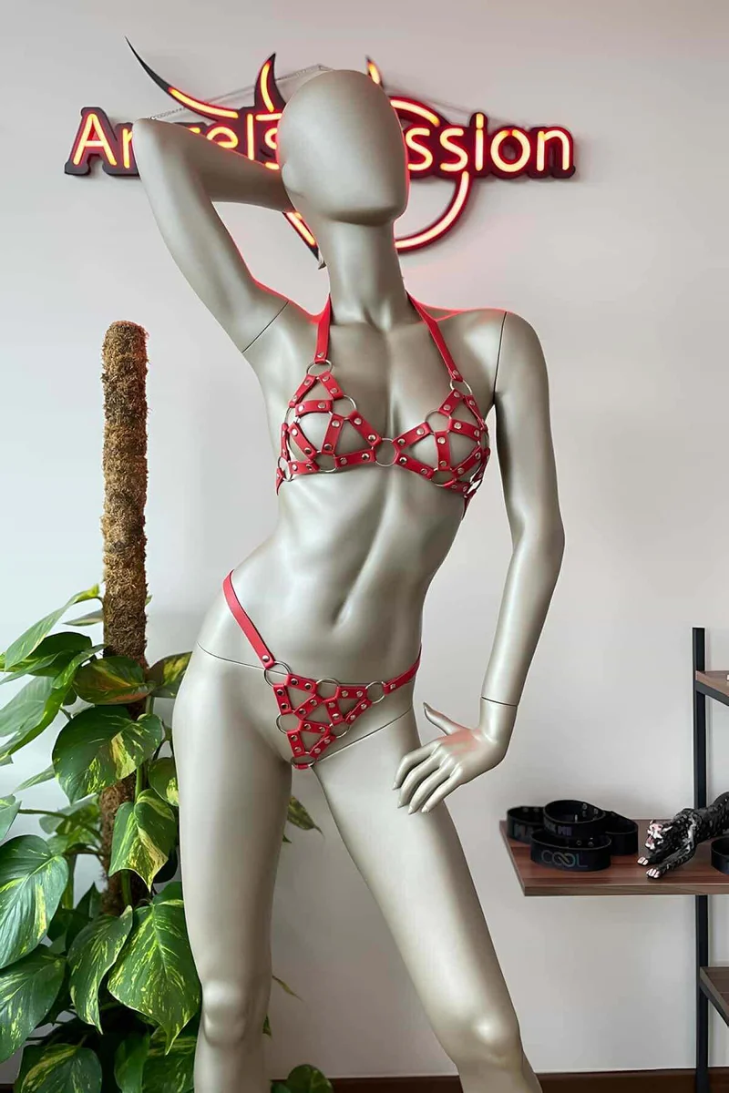 Red Vegan Leather Bra Harness Front View Silver