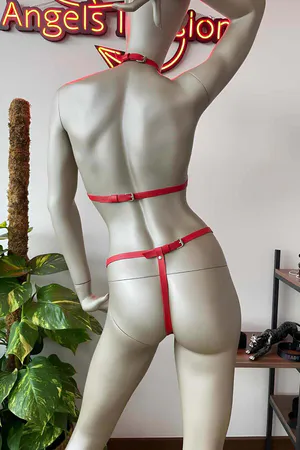 Red Faux Leather Caged Bra and Thong Harness Set on mannequin