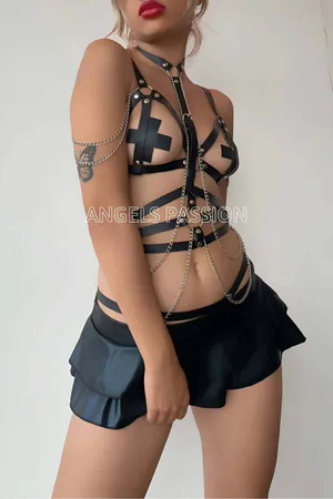 Black Faux Leather Full Body Harness for Women with Silver Chains