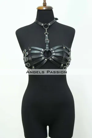 Black Faux Leather Caged Chest Harness Bra with Choker O-Ring