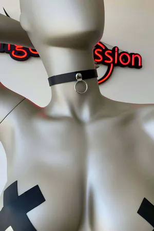 Black Faux Leather O-Ring Choker Necklace on Mannequin