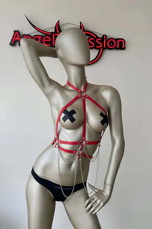 Red Faux Leather Chest Harness Women with Draping Chains and O-Ring
