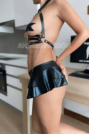Black Faux Leather Chest Harness Women with Draping Silver Chains