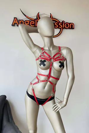 Ruby Red Faux Leather Multi-Strap Body Harness Front View Adjustable
