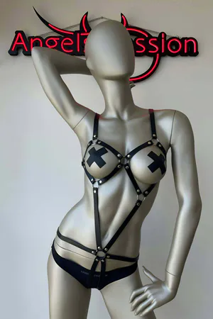 Black Vegan Leather Full Body Cage Harness with Silver O-Rings
