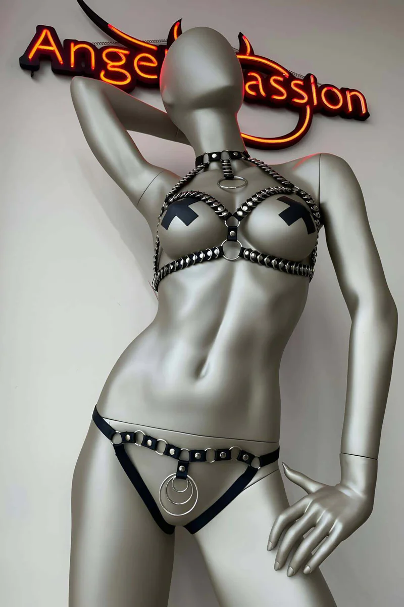 Fashion harness outfit black studded faux leather
