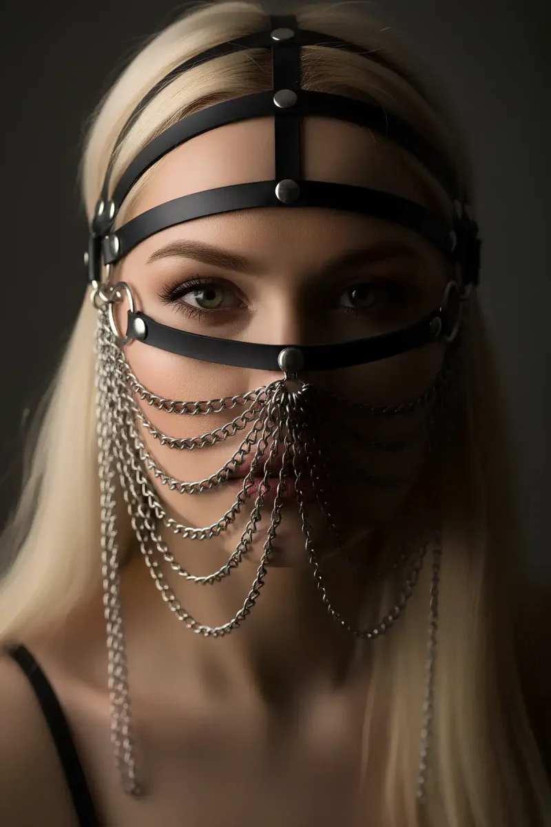Black Faux Leather Chain Head Harness Front