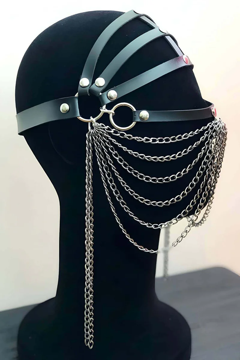 Close-Up of Black Faux Leather Head Harness Rivets and O-Ring Hardware