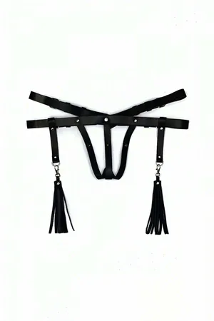 Black Faux Leather Underbust Thong Harness with Tassels Garter Style