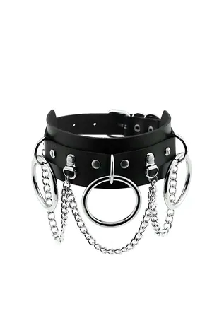 Black Faux Leather Choker Necklace with Silver O-Ring and Draped Chains