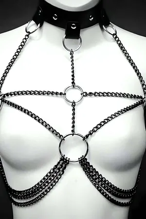 Gold Chain Harness Women Adjustable Vegan Leather Collar