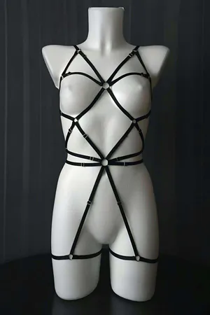 Sheer Polka Dot Mesh Body Harness Bodysuit Black Adjustable Straps