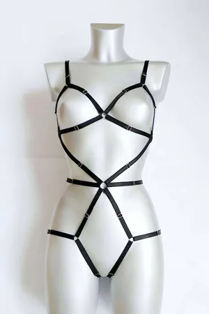 Black Faux Leather Full Body Strappy Harness with Silver O-Rings