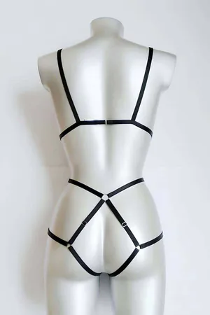 Black Faux Leather Full Body Strappy Harness with Silver O-Rings