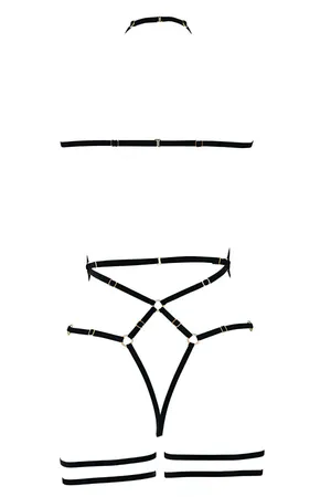 Black Strappy Body Cage Harness Gold O-Rings Intricate Design Adjustable