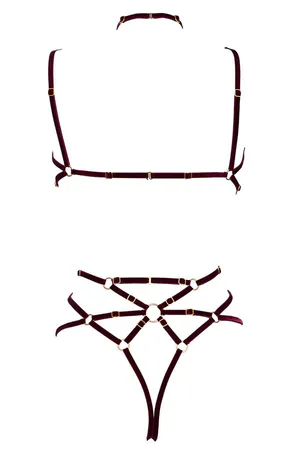 Kırmızı Kadife Vücut Harness Sütyen ve Külot Takımı Ayarlanabilir Askılı